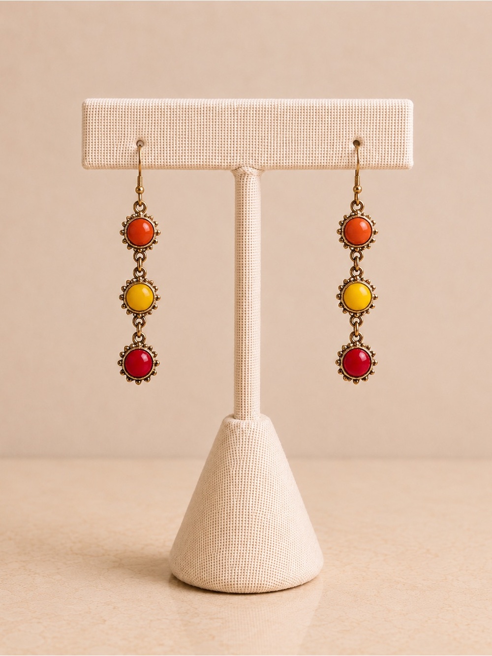 Colorful Triple Stone Dangle Earrings Orange Yellow Red Gold Tone Boho

Descript